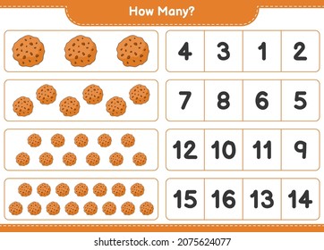 Contando el juego, cuántas galletas. Juego infantil educativo, hoja de cálculo imprimible, ilustración vectorial