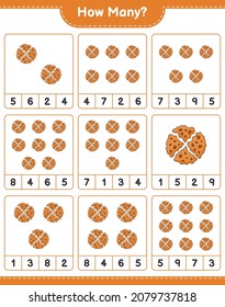Zählspiel, wie viele Kekse. Kinderspiel, druckbares Arbeitsblatt, Vektorgrafik