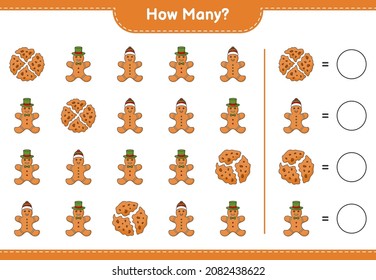 Counting game, how many Cookies and Gingerbread Man. Educational children game, printable worksheet, vector illustration