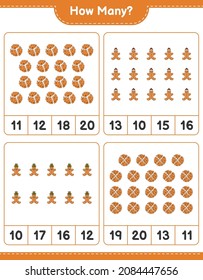 Counting game, how many Cookies and Gingerbread Man. Educational children game, printable worksheet, vector illustration