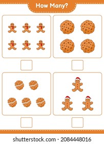 Counting game, how many Cookies and Gingerbread Man. Educational children game, printable worksheet, vector illustration