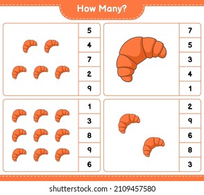 Contando el juego, cuántos croissant. Juego infantil educativo, hoja de cálculo imprimible, ilustración vectorial