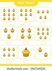 Counting game, how many Cup Cake. Educational children game, printable worksheet, vector illustration