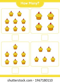 Contando el juego, cuántas tortas de la copa. Juego infantil educativo, hoja de cálculo imprimible, ilustración vectorial