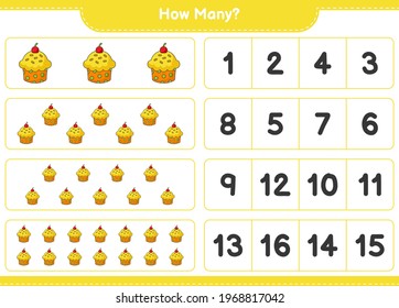 Counting game, how many Cup Cake. Educational children game, printable worksheet, vector illustration