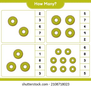 Counting game, how many Donut. Educational children game, printable worksheet, vector illustration