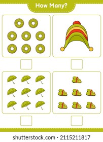 Counting game, how many Donut, Slippers, Umbrella, Hat. Educational children game, printable worksheet, vector illustration
