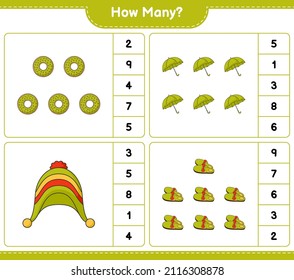 Juego de conteo, cuántos Donut, Zapatillas, Paraguas, Sombrero. Juego infantil educativo, hoja de cálculo imprimible, ilustración vectorial