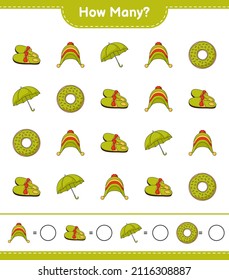 Counting game, how many Donut, Slippers, Umbrella, Hat. Educational children game, printable worksheet, vector illustration