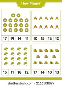 Counting game, how many Donut, Slippers, Umbrella, Hat. Educational children game, printable worksheet, vector illustration