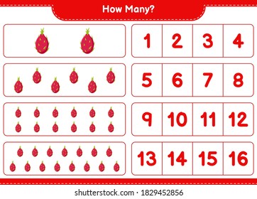 Counting game, how many Dragon fruit. Educational children game, printable worksheet, vector illustration