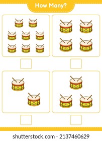 Counting game, how many Drum. Educational children game, printable worksheet, vector illustration