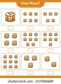 Counting game, how many Drum. Educational children game, printable worksheet, vector illustration