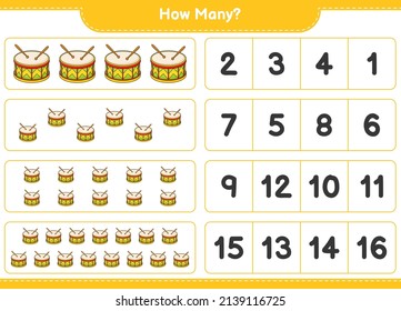 Counting game, how many Drum. Educational children game, printable worksheet, vector illustration