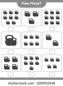 Contando el juego, cuántos Dumbbell. Juego infantil educativo, hoja de cálculo imprimible, ilustración vectorial