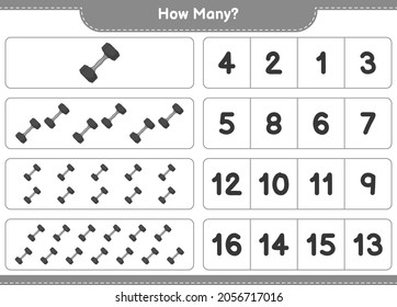 Counting game, how many Dumbbell. Educational children game, printable worksheet, vector illustration