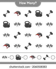 Juego de conteo, cuántos Dumbbell, Banderas de Carrera y Casco de Bicicleta. Juego infantil educativo, hoja de cálculo imprimible, ilustración vectorial