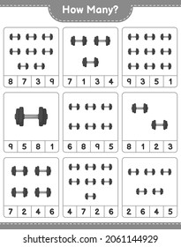 Counting game, how many Dumbbell. Educational children game, printable worksheet, vector illustration