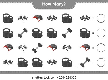 Juego de conteo, cuántos Dumbbell, Banderas de Carrera y Casco de Bicicleta. Juego infantil educativo, hoja de cálculo imprimible, ilustración vectorial