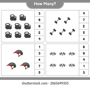 Counting game, how many Dumbbell, Racing Flags, and Bicycle Helmet. Educational children game, printable worksheet, vector illustration