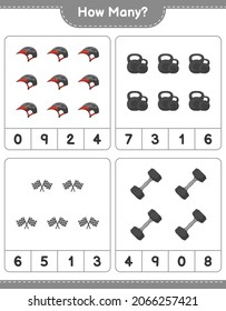 Counting game, how many Dumbbell, Racing Flags, and Bicycle Helmet. Educational children game, printable worksheet, vector illustration