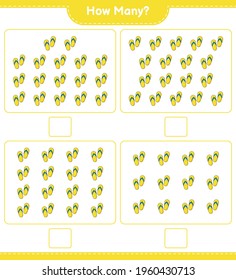 Contando el juego, cuántos Flip Flop. Juego infantil educativo, hoja de cálculo imprimible, ilustración vectorial