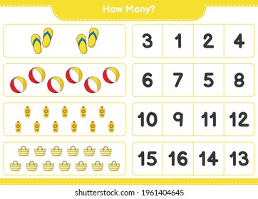 Counting game, how many Flip Flop, Beach Ball, Sunscreen, and Beach Bag. Educational children game, printable worksheet, vector illustration