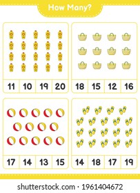 Counting game, how many Flip Flop, Beach Ball, Sunscreen, and Beach Bag. Educational children game, printable worksheet, vector illustration
