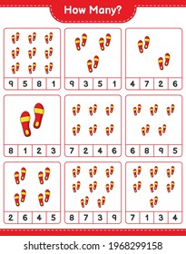 Contando el juego, cuántos Flip Flop. Juego infantil educativo, hoja de cálculo imprimible, ilustración vectorial