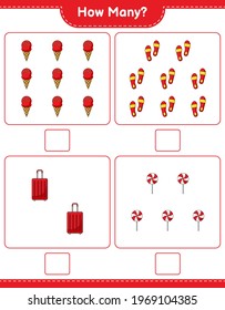 Counting game, how many Flip Flop, Travel Bag, Candy, and Ice Cream. Educational children game, printable worksheet, vector illustration