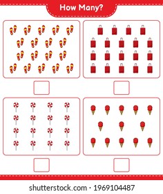 Counting game, how many Flip Flop, Travel Bag, Candy, and Ice Cream. Educational children game, printable worksheet, vector illustration