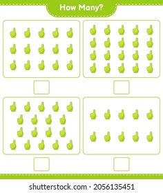 Contando el juego, cuántos Finger de espuma. Juego infantil educativo, hoja de cálculo imprimible, ilustración vectorial