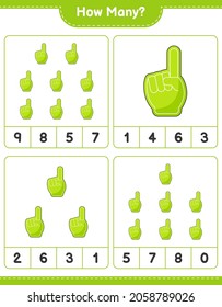 Counting Spiel, wie viele Foam Finger. Kinderspiel, druckbares Arbeitsblatt, Vektorgrafik