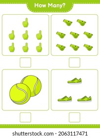 Counting game, how many Foam Finger, Whistle, Tennis Ball, and Sneaker. Educational children game, printable worksheet, vector illustration