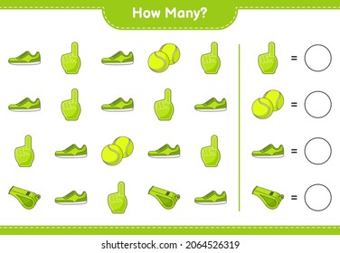 Counting game, how many Foam Finger, Whistle, Tennis Ball, and Sneaker. Educational children game, printable worksheet, vector illustration