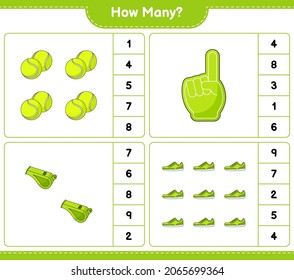 Counting game, how many Foam Finger, Whistle, Tennis Ball, and Sneaker. Educational children game, printable worksheet, vector illustration