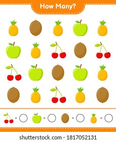 Counting game, how many fruits educational children game, printable worksheet, vector illustration