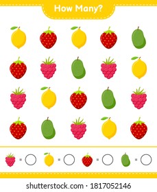 Counting game, how many fruits educational children game, printable worksheet, vector illustration