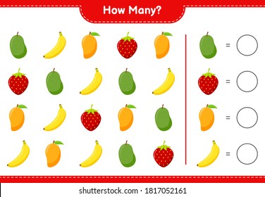 Counting game, how many fruits educational children game, printable worksheet, vector illustration