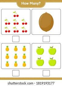 Counting game, how many fruits. Educational children game, printable worksheet, vector illustration