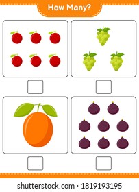 Counting game, how many fruits. Educational children game, printable worksheet, vector illustration