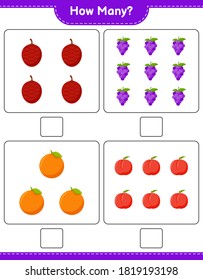 Counting game, how many fruits. Educational children game, printable worksheet, vector illustration