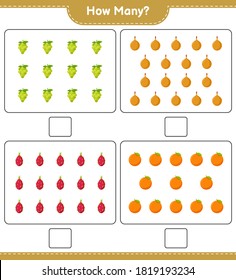 Counting game, how many fruits. Educational children game, printable worksheet, vector illustration