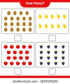 Counting game, how many fruits. Educational children game, printable worksheet, vector illustration