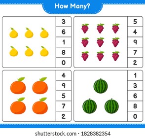 Counting game, how many fruits. Educational children game, printable worksheet, vector illustration
