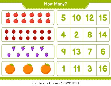 Counting game, how many fruits. Educational children game, printable worksheet, vector illustration