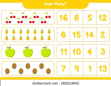 Counting game, how many fruits. Educational children game, printable worksheet, vector illustration