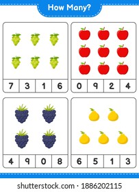 Counting game, how many fruits. Educational children game, printable worksheet, vector illustration