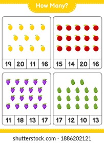 Counting game, how many fruits. Educational children game, printable worksheet, vector illustration