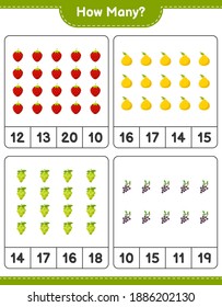 Counting game, how many fruits. Educational children game, printable worksheet, vector illustration